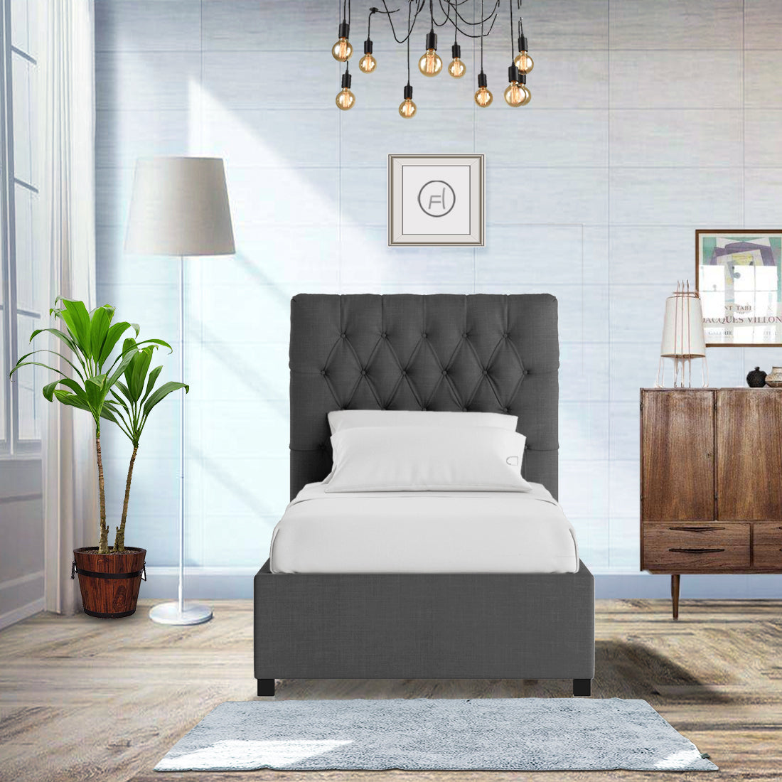 Isko Fabric Upholstered Single Bed in Charcoal Grey Colour with Box Storage