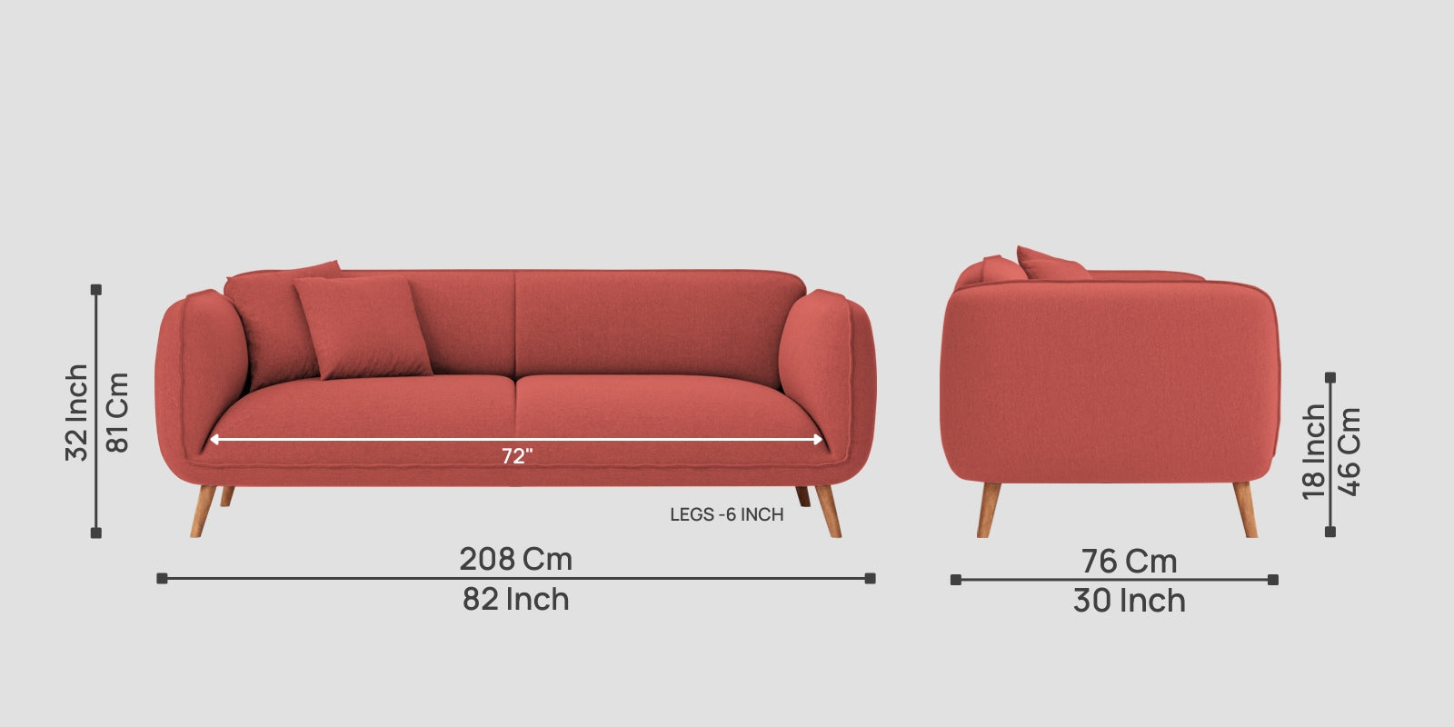 Zia Fabric 3 Seater Sofa In Salmon Pink Colour