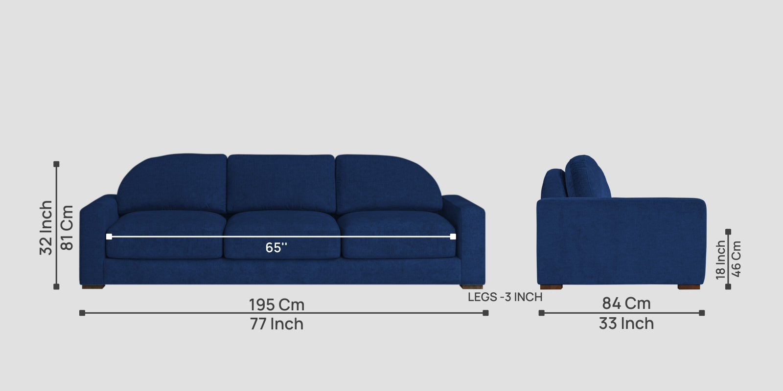 Dara Fabric 3 Seater Sofa In Royal Blue Colour