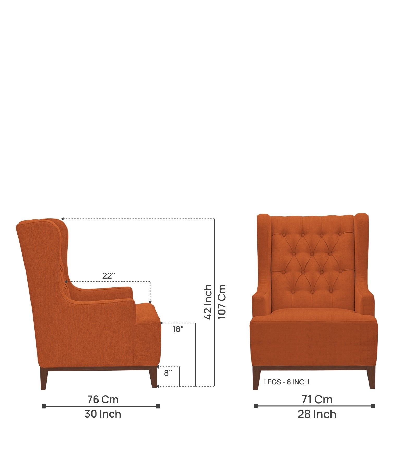 Kuchi Fabric 1 Seater Wing Chair Sofa in Vivid Orange Colour