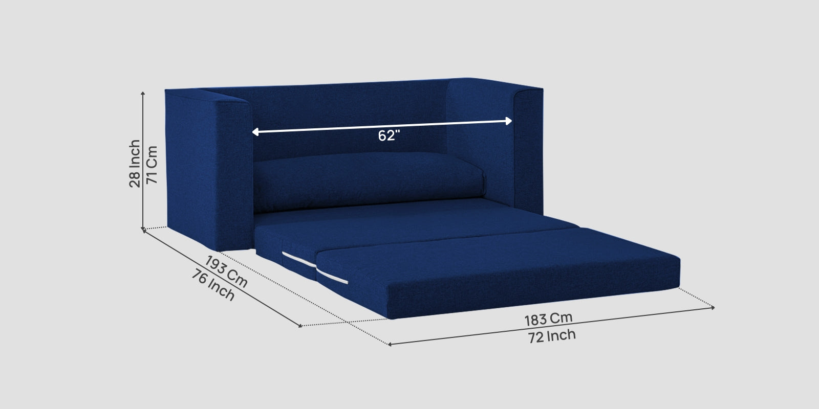 Kenia Fabric 3 Seater Foldable Sofa Cum Bed In Royal Blue Colour - Febonic Living