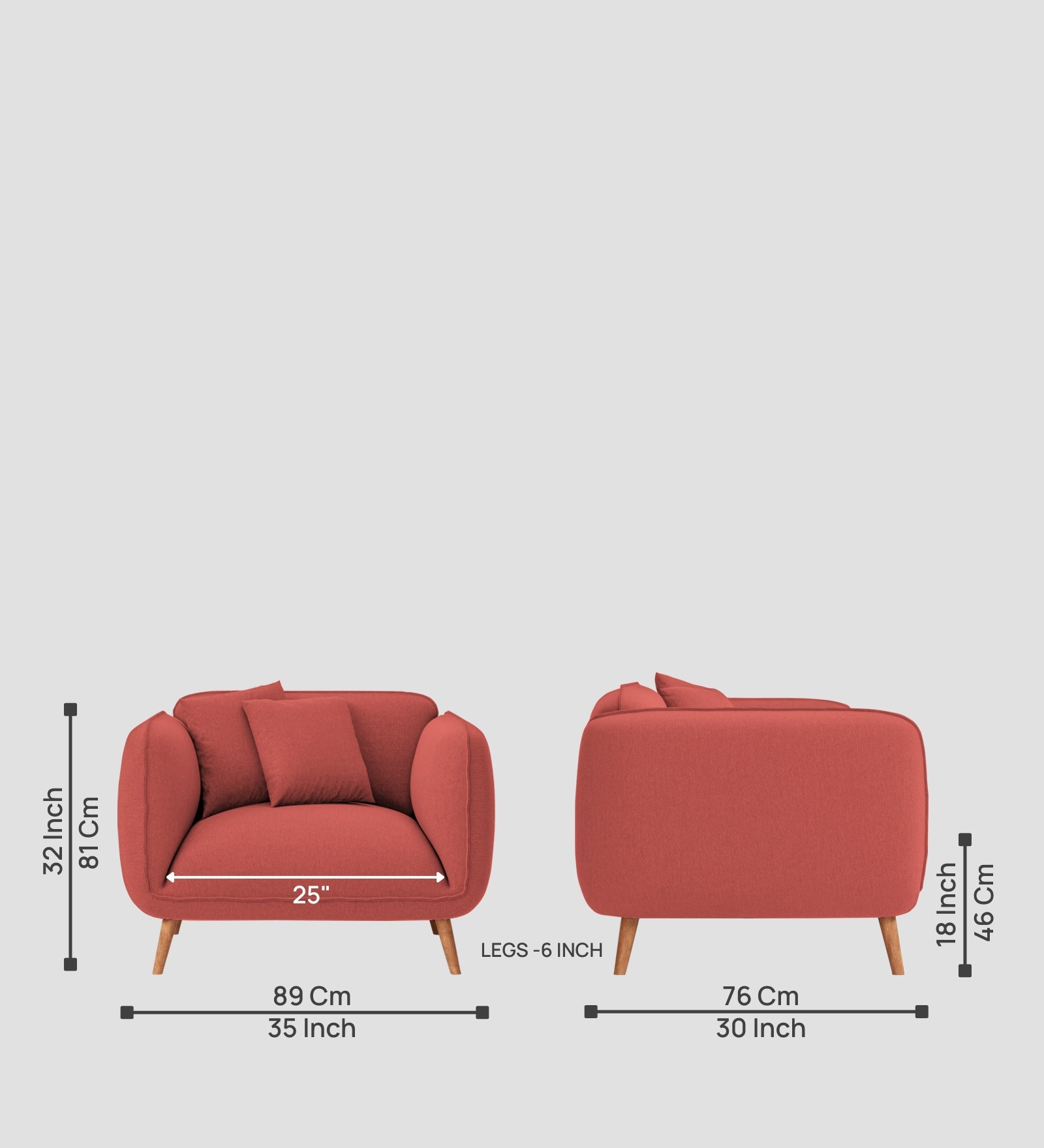 Zia Fabric 1 Seater Sofa In Salmon Pink Colour