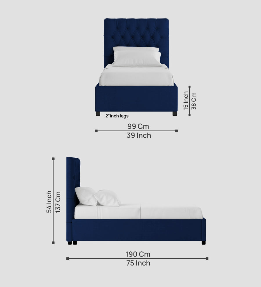 Isko Fabric Upholstered Single Size Bed In Royal Blue Colour With Box Storage - Febonic Living