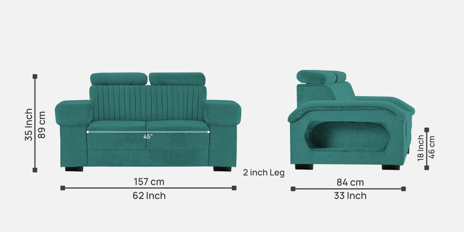 Draco Fabric 2 Seater Sofa In Sea Green Colour