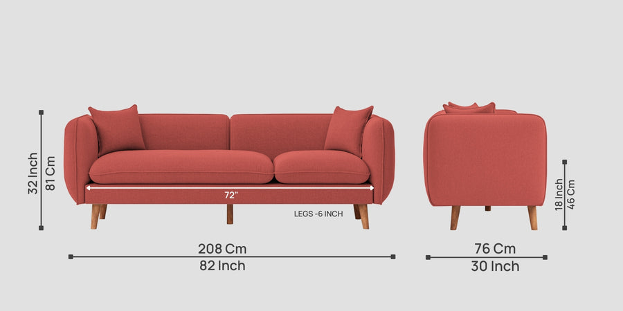 Reva Fabric 3 Seater Sofa In Salmon Pink Colour - Febonic Living