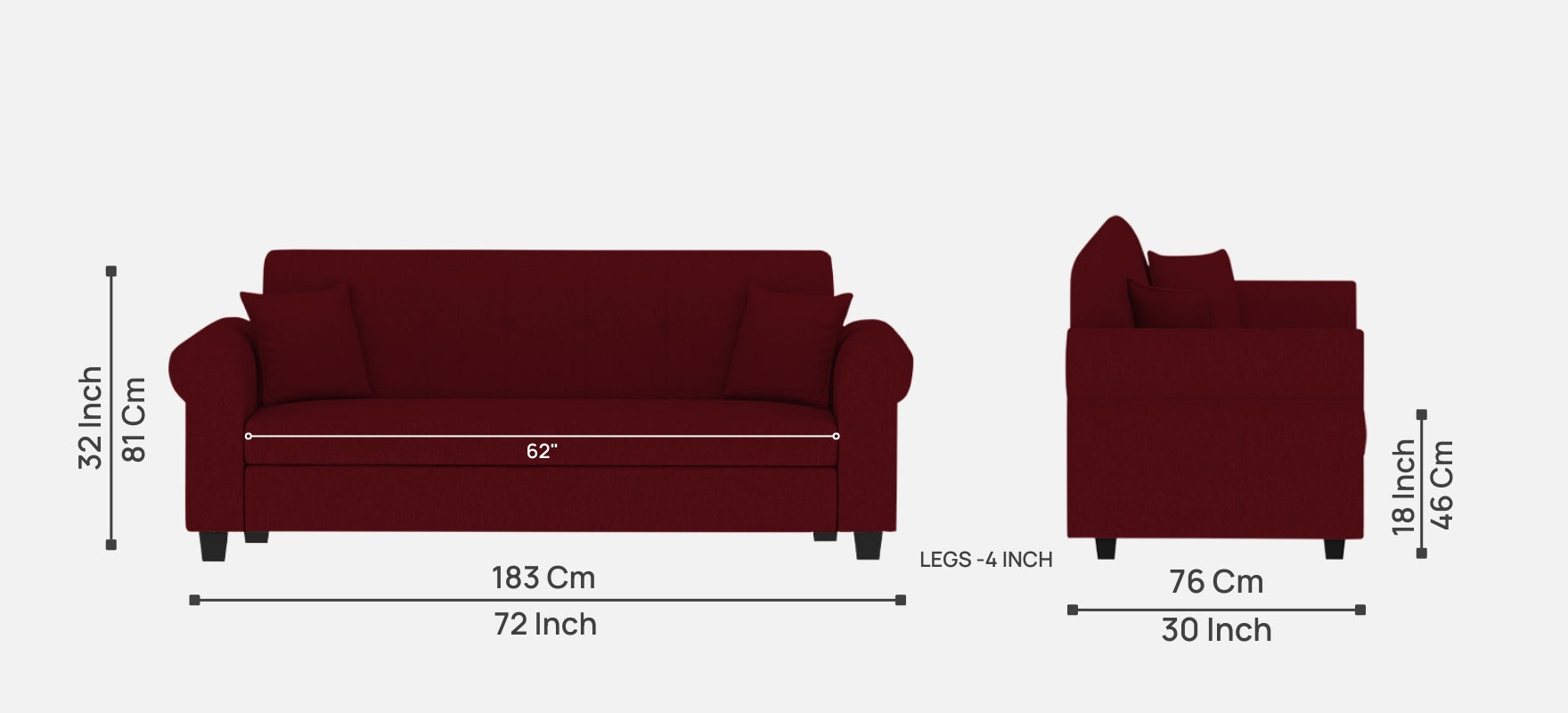 Derado Fabric 3 Seater Sofa in Ruby Red Colour