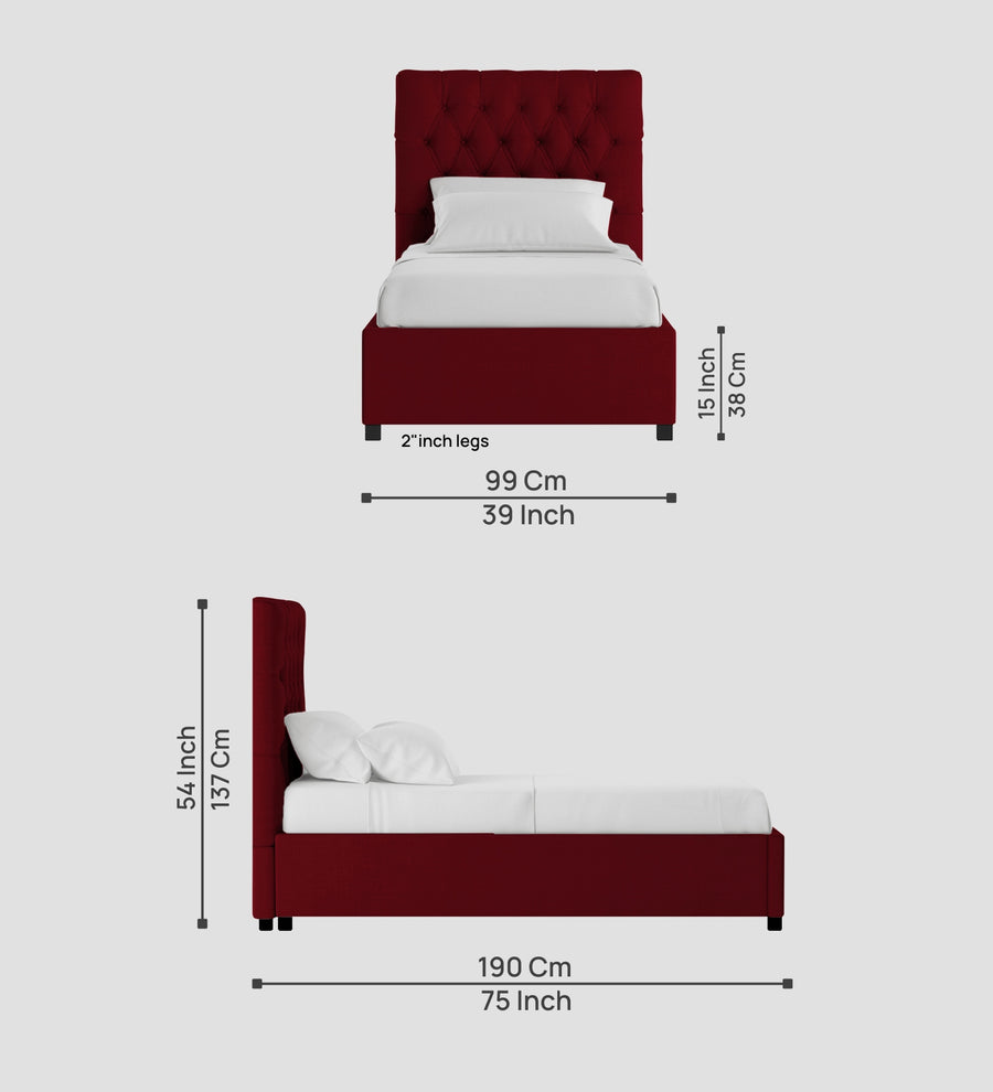 Isko Fabric Upholstered Single Size Bed In Ruby Red Colour With Box Storage - Febonic Living