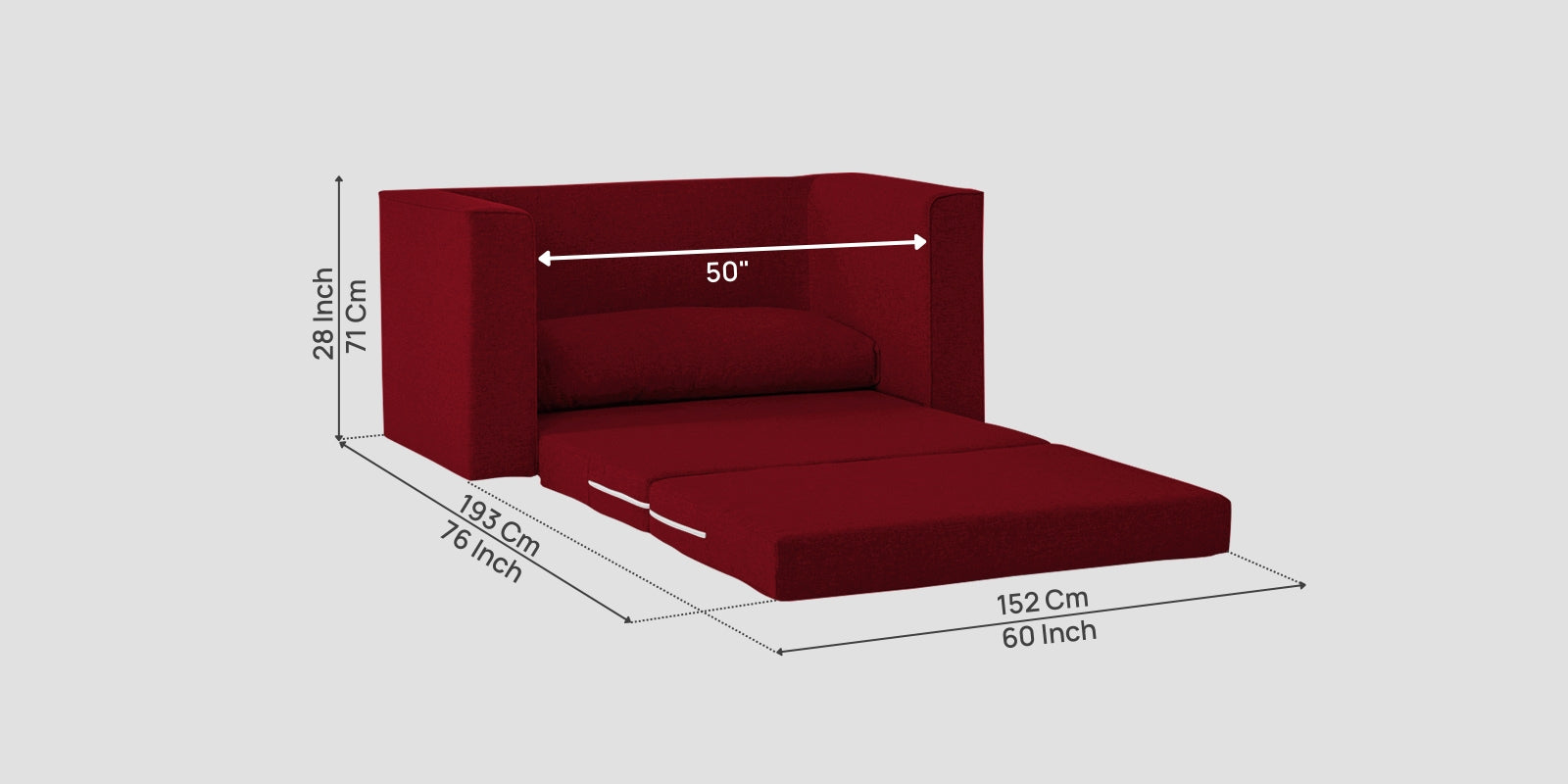 Kenia Fabric 2 Seater Foldable Sofa Cum Bed In Ruby Red Colour - Febonic Living