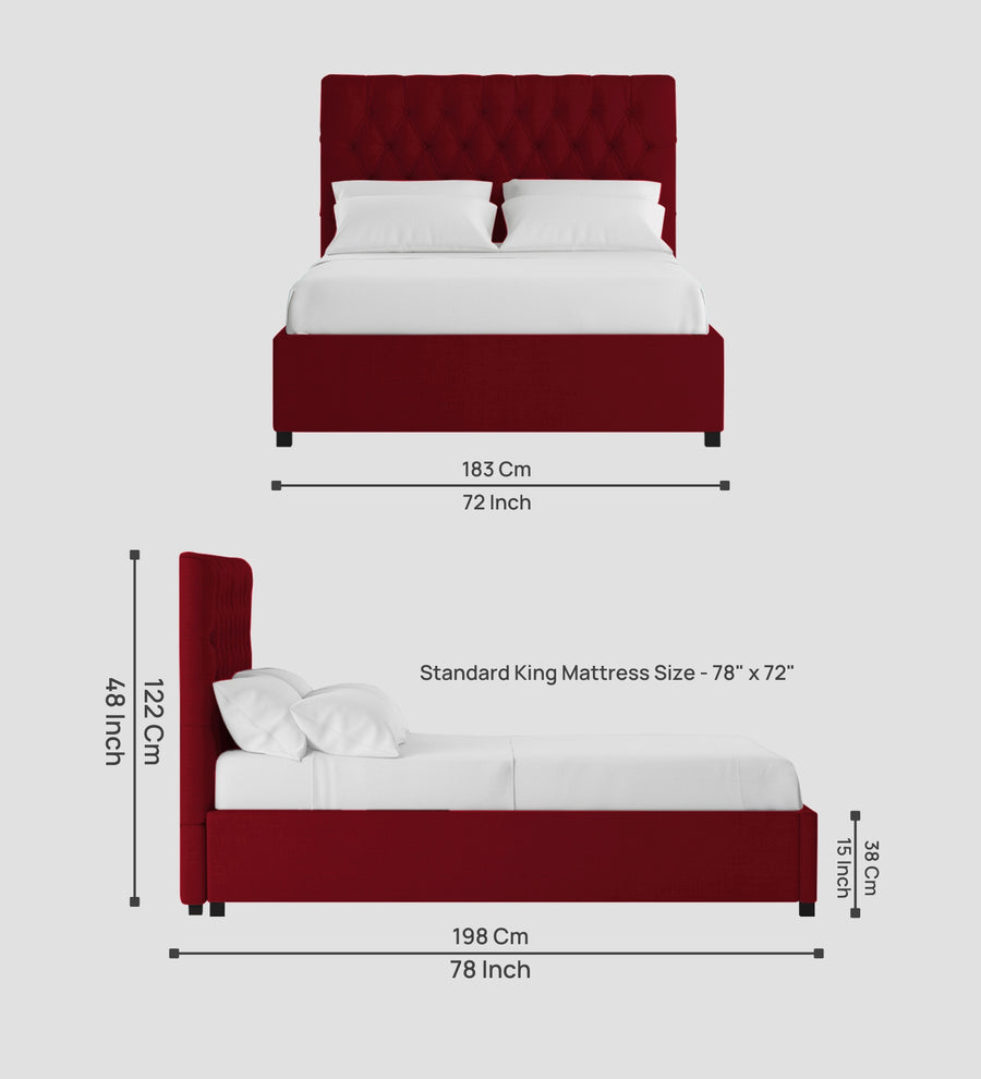 Isko Fabric Upholstered King Size Bed In Ruby Red Colour With Box Storage - Febonic Living