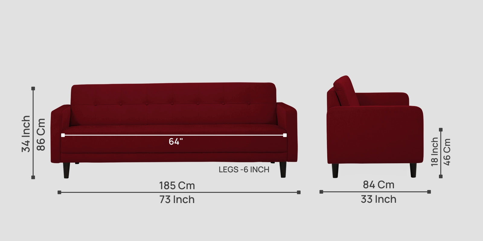Noha Fabric 3 Seater Sofa In Ruby Red Colour