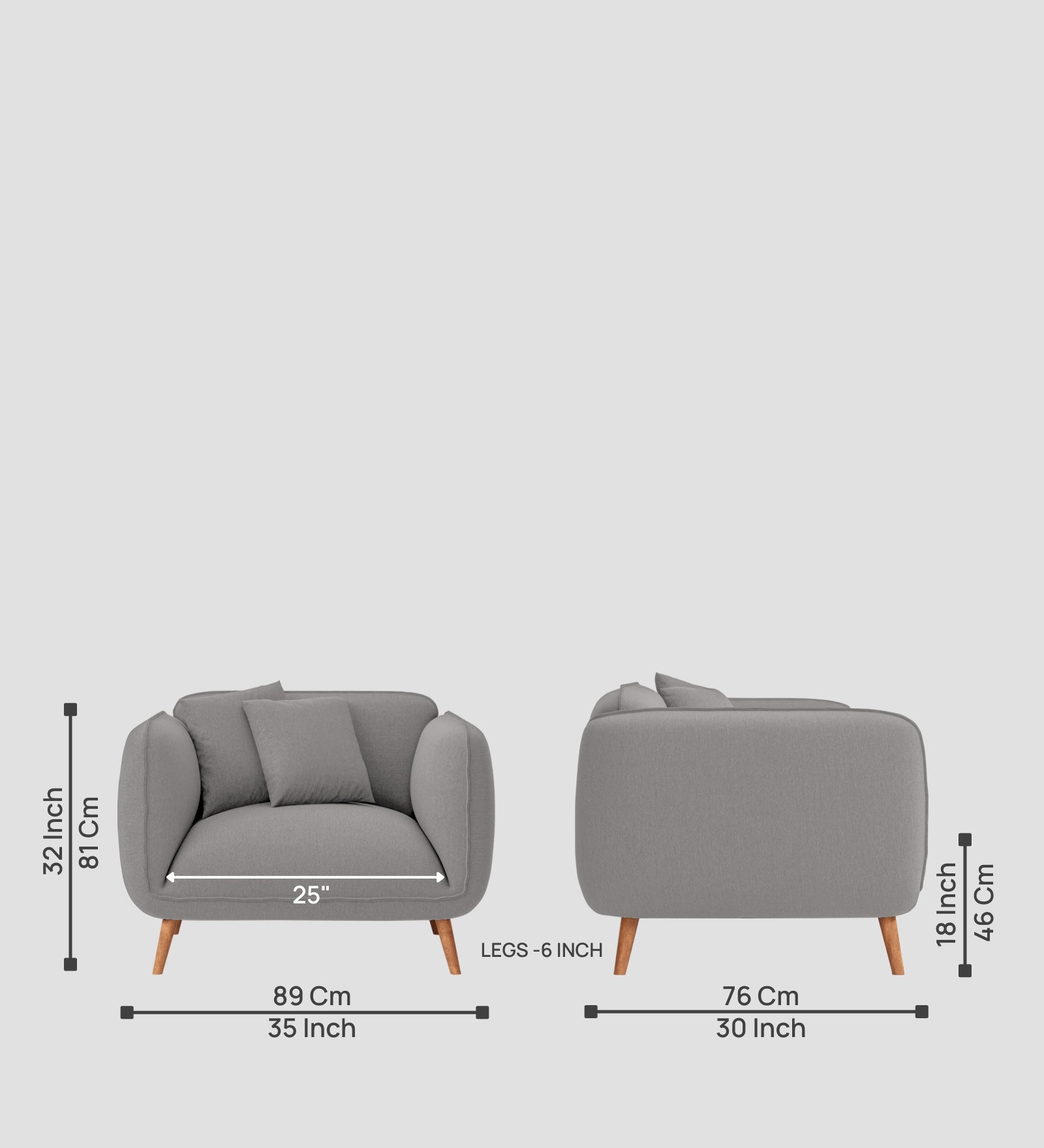 Zia Fabric 1 Seater Sofa In Silver Grey Colour
