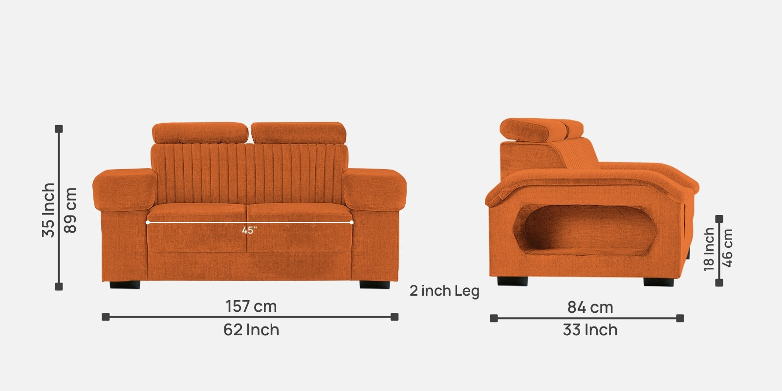 Draco Fabric 2 Seater Sofa In Vivid Orange Colour