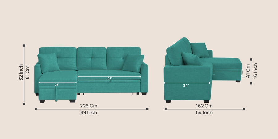 Jody Fabric 3 Seater Pull Out Sofa Cum Bed In Sea Green Colour With Storage - Febonic Living