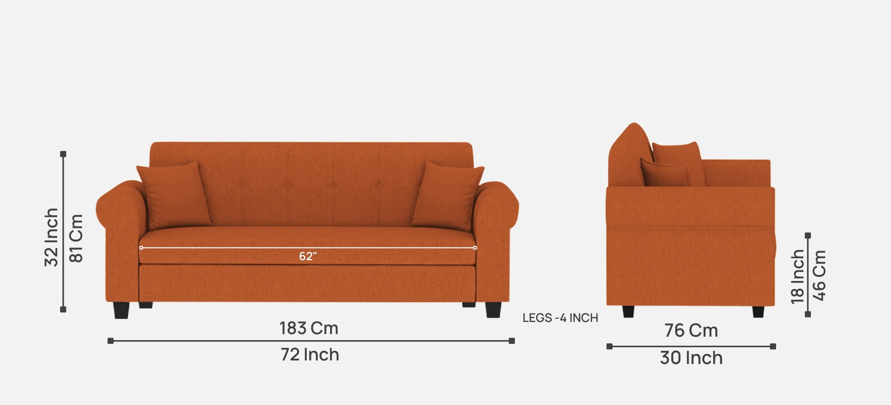 Derado Fabric 3 Seater Sofa in Vivid Orange Colour