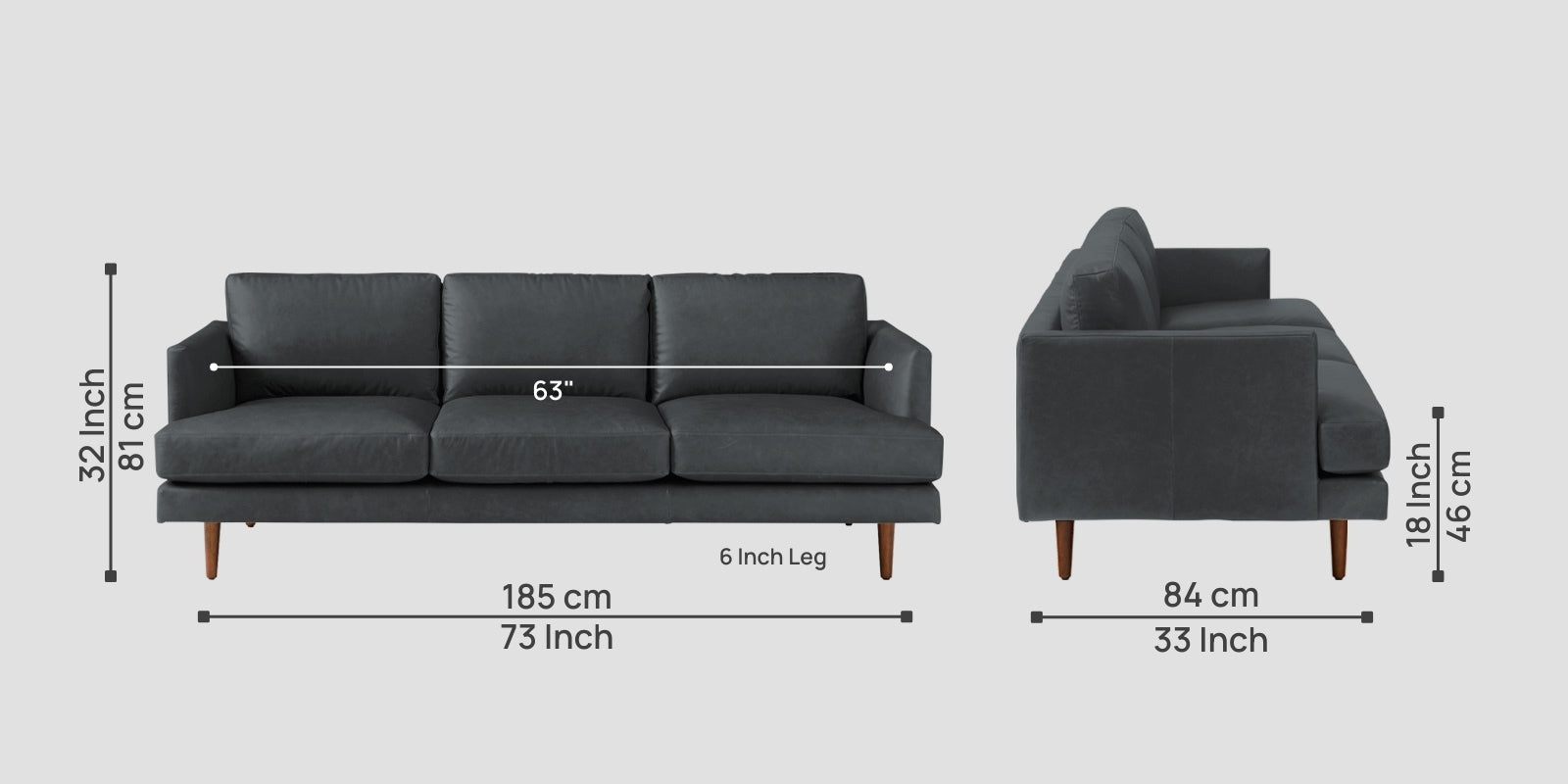 Sterio Leatherette 3 Seater Sofa In pepper Grey Colour - Febonic Living
