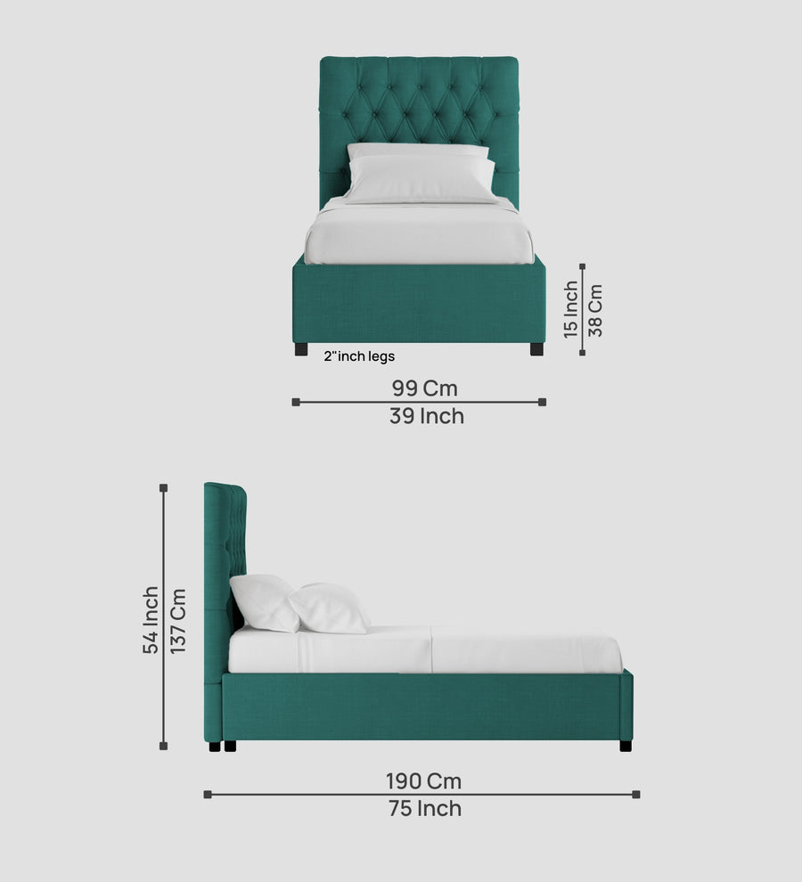 Isko Fabric Upholstered Single Size Bed In Sea Green Colour With Box Storage - Febonic Living