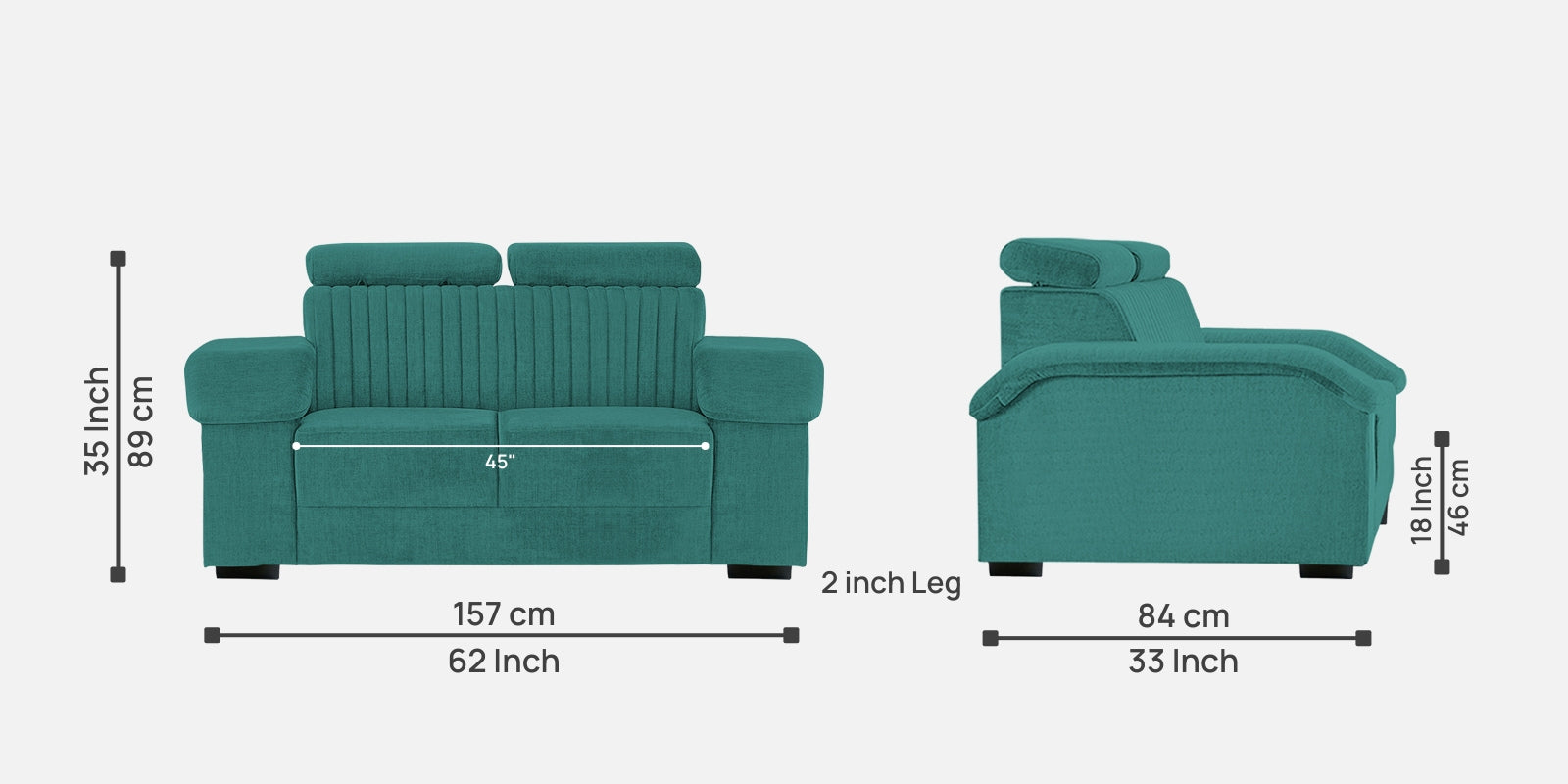 Draco Fabric 2 Seater Sofa In Sea Green Colour - Febonic Living