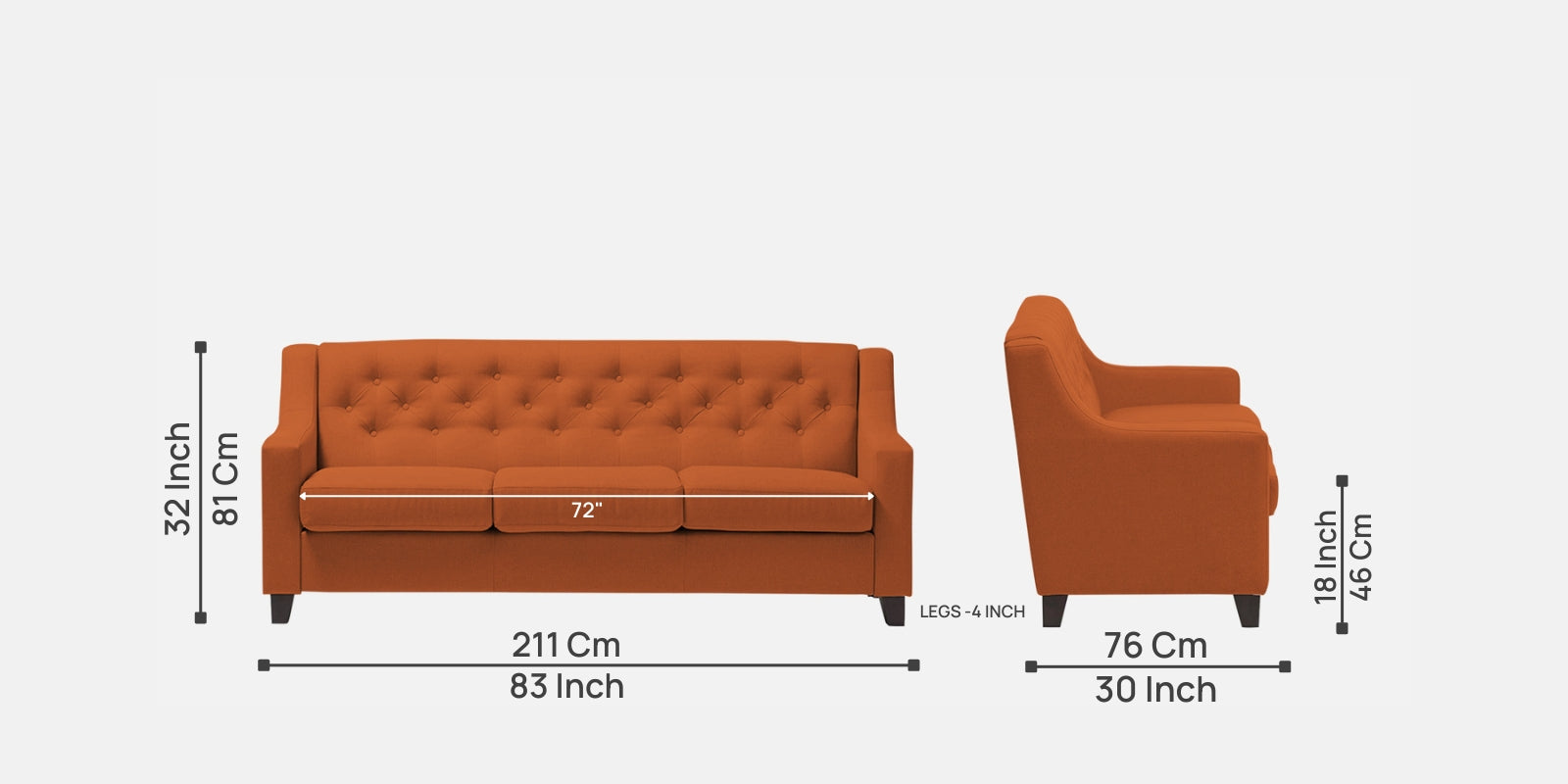 Baidy Fabric 3 Seater Sofa in Vivid Orange Colour