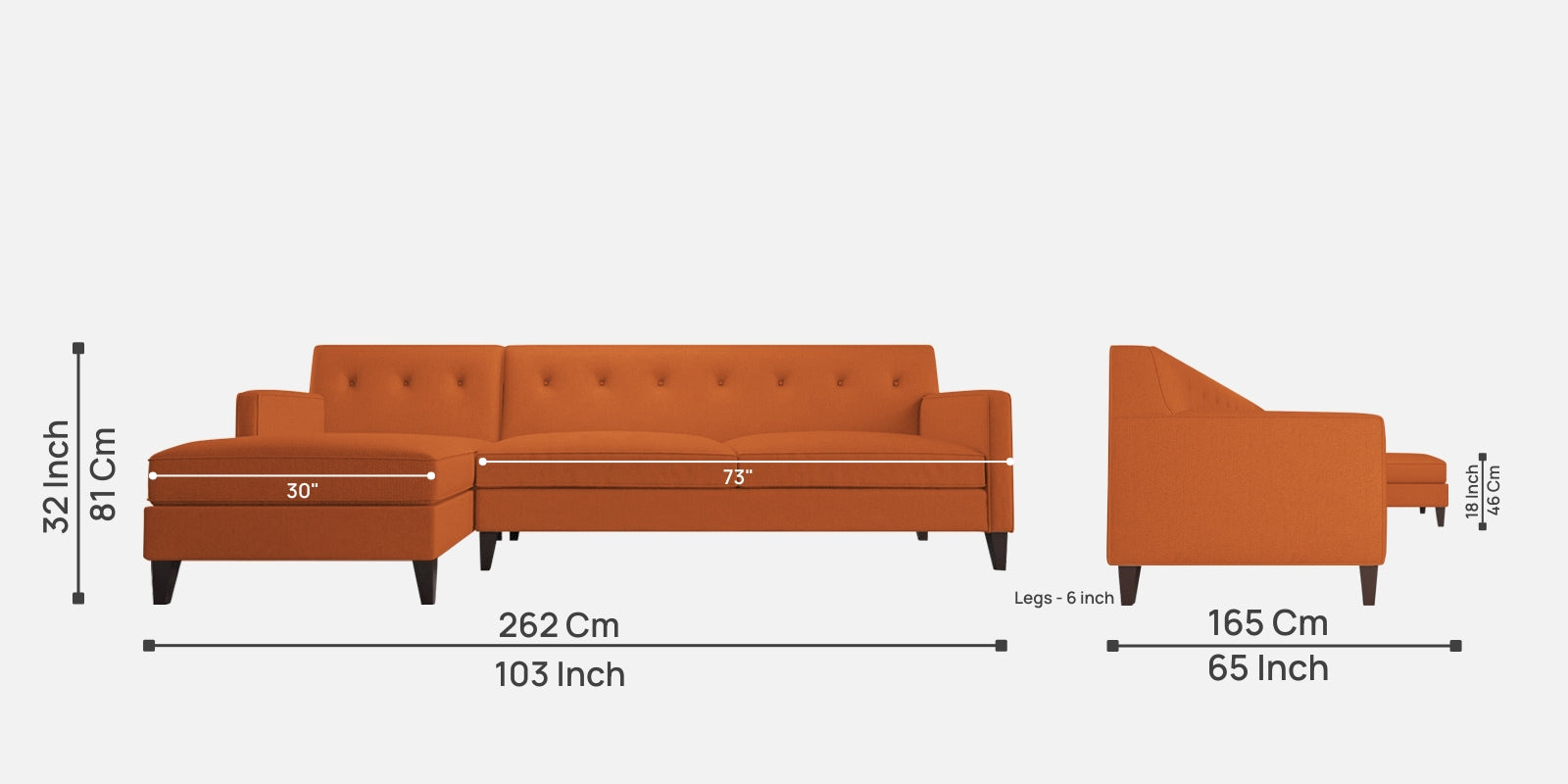 Miller Fabric RHS Sectional Sofa (3+Lounger) in Vivid Orange Colour