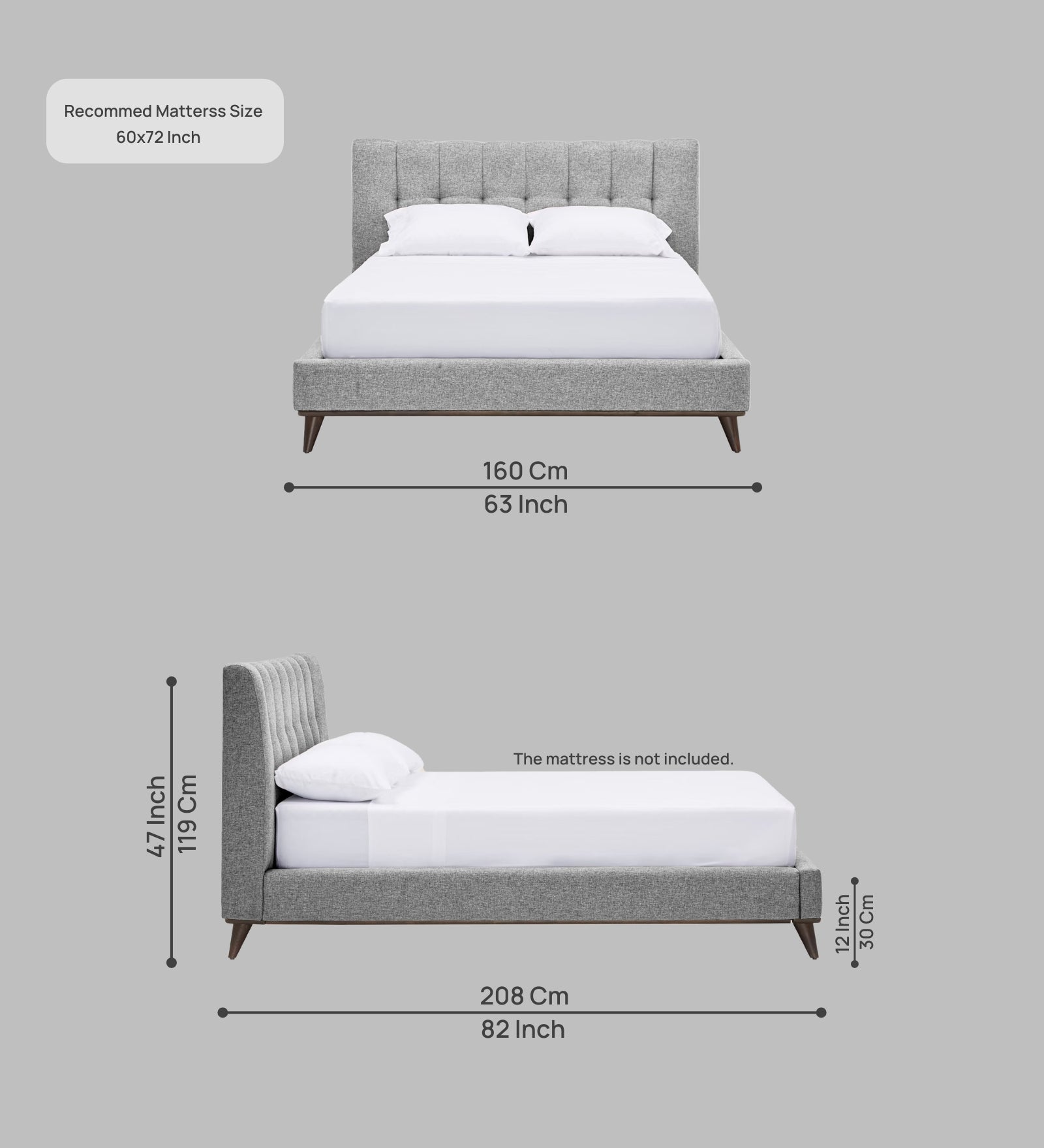 Jasmin Fabric Upholstered Queen Bed in Lit Grey Colour - Febonic Living