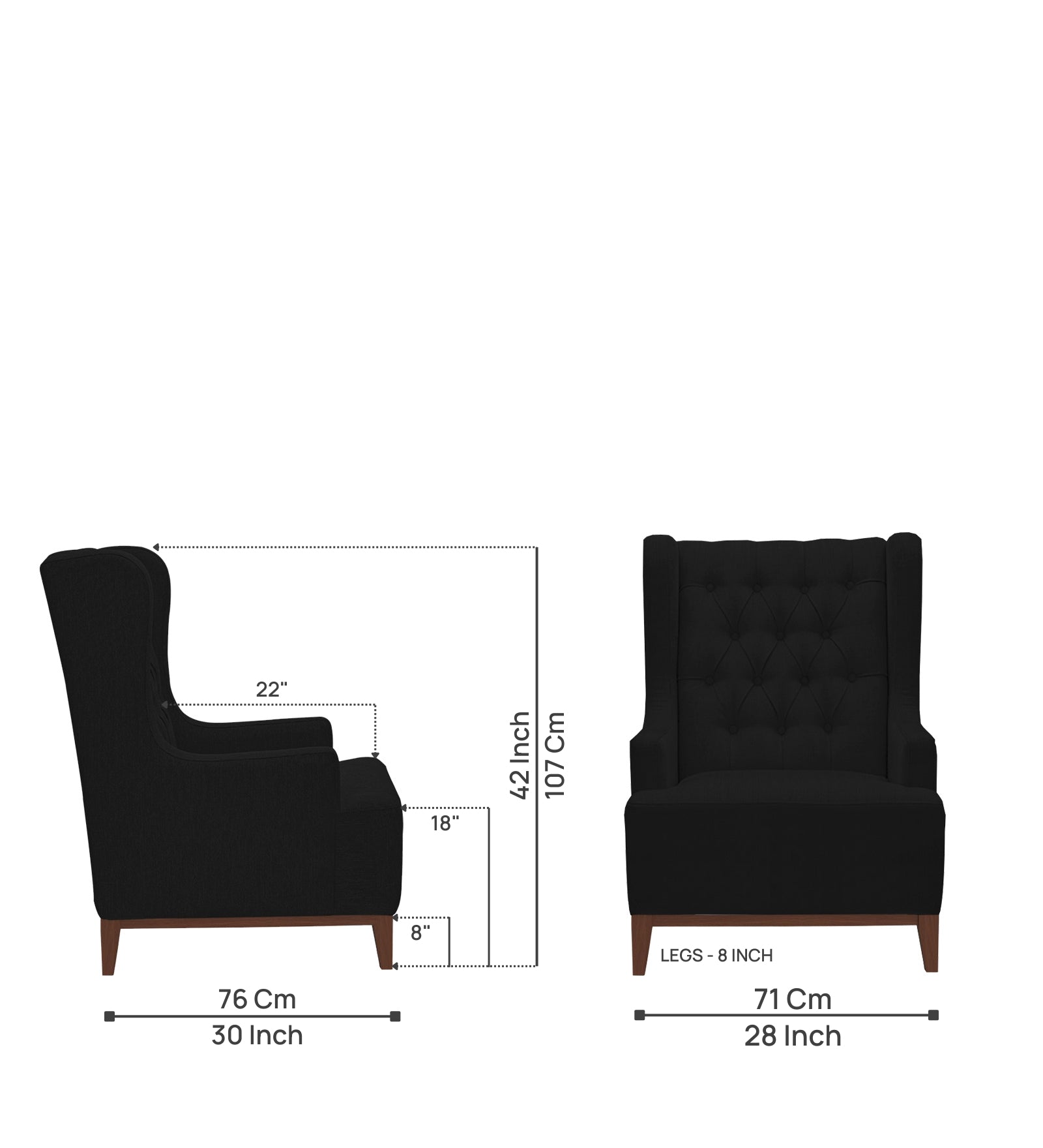 Kuchi Fabric 1 Seater Wing Chair Sofa in Zed Black Colour