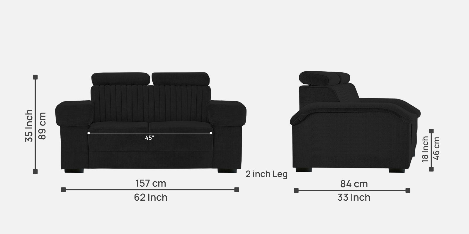Draco Fabric 2 Seater Sofa In Zed Black Colour - Febonic Living