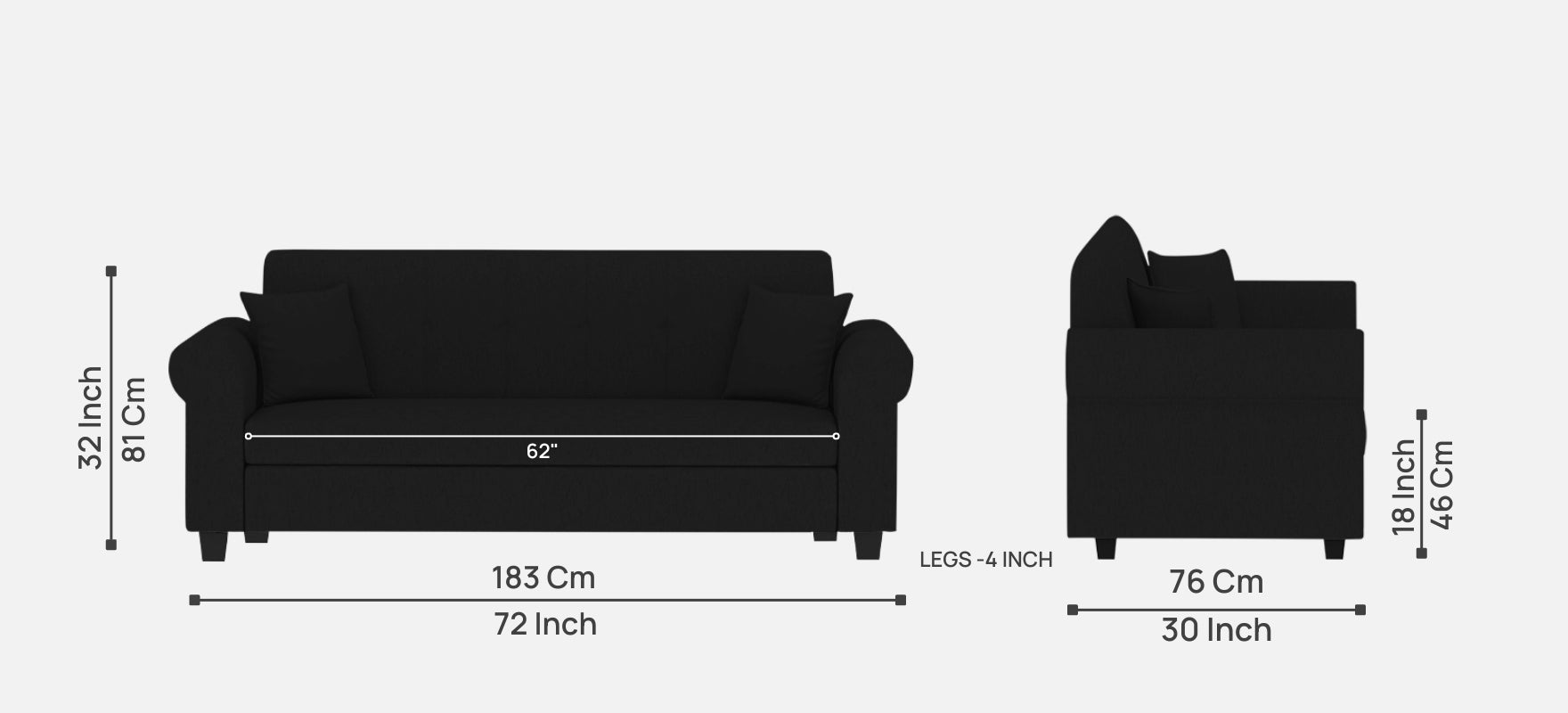 Derado Fabric 3 Seater Sofa in Zed Black Colour