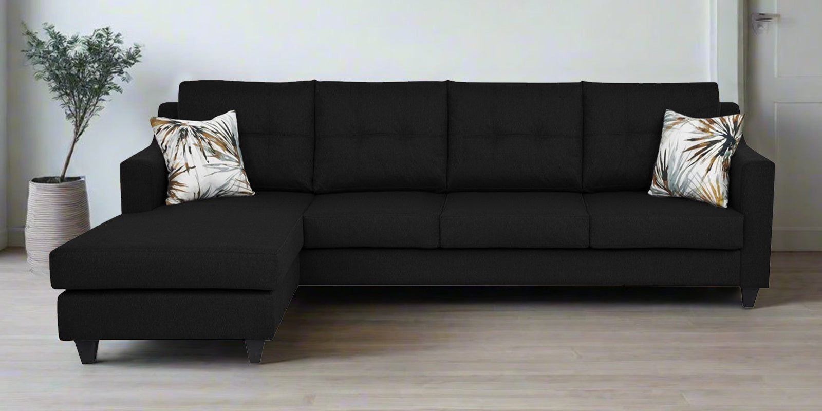 Welly Fabric RHS Sectional Sofa (3 + Lounger) In Zed Black Colour