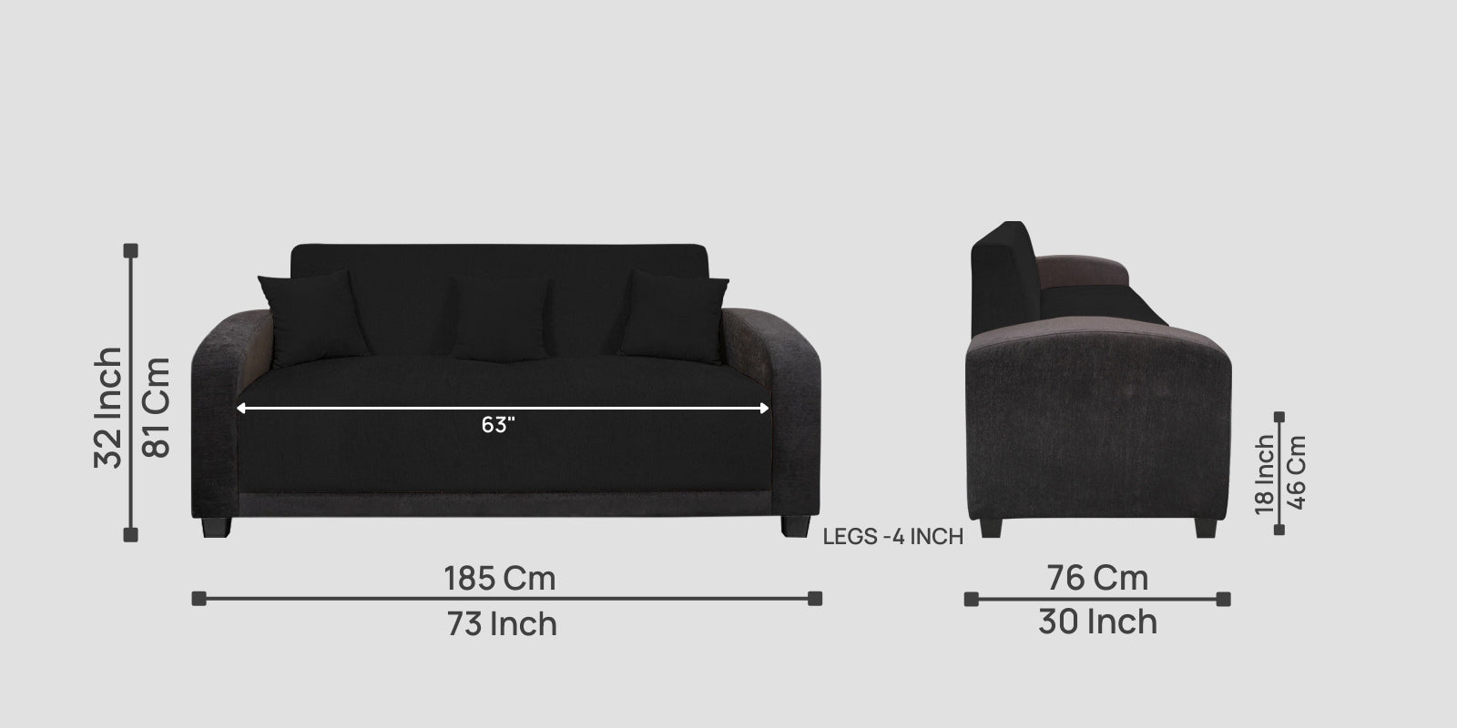 Alex Fabric 3 Seater Sofa In Zed Black Colour