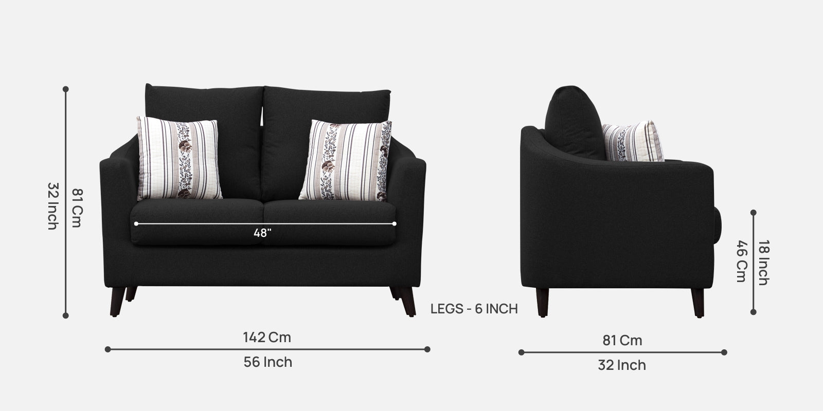 Kevin Fabric 2 Seater Sofa in Zed Black Colour