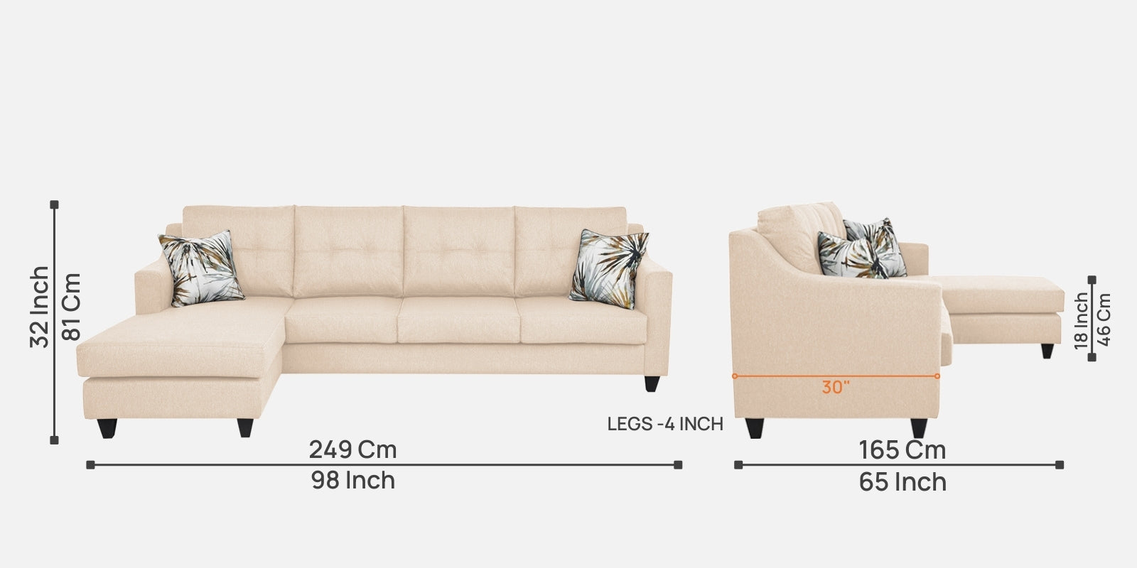 Welly Fabric RHS Sectional Sofa (3+Lounger) In Woom Beige Colour