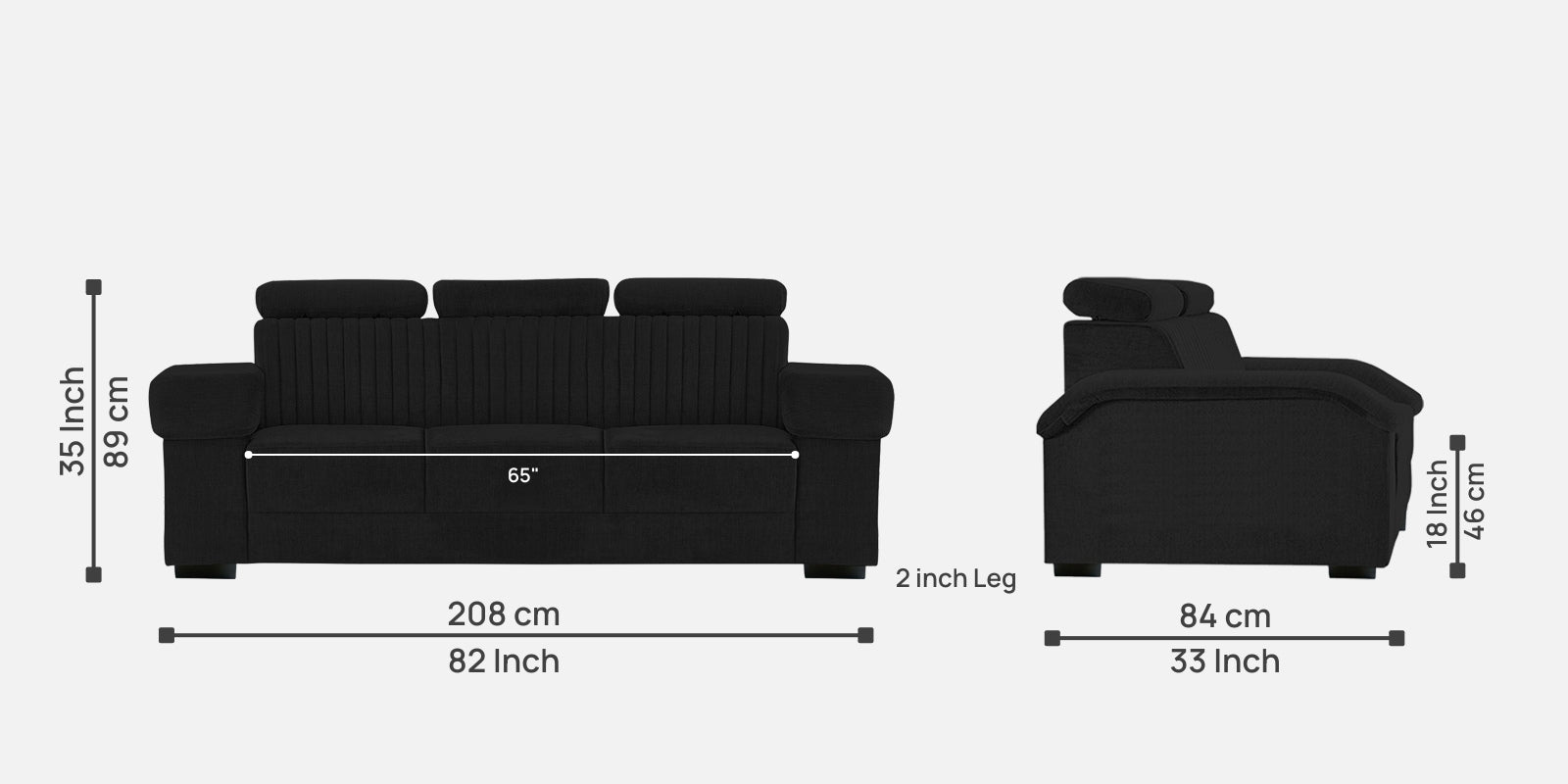 Draco Fabric 3 Seater Sofa In Zed Black Colour - Febonic Living