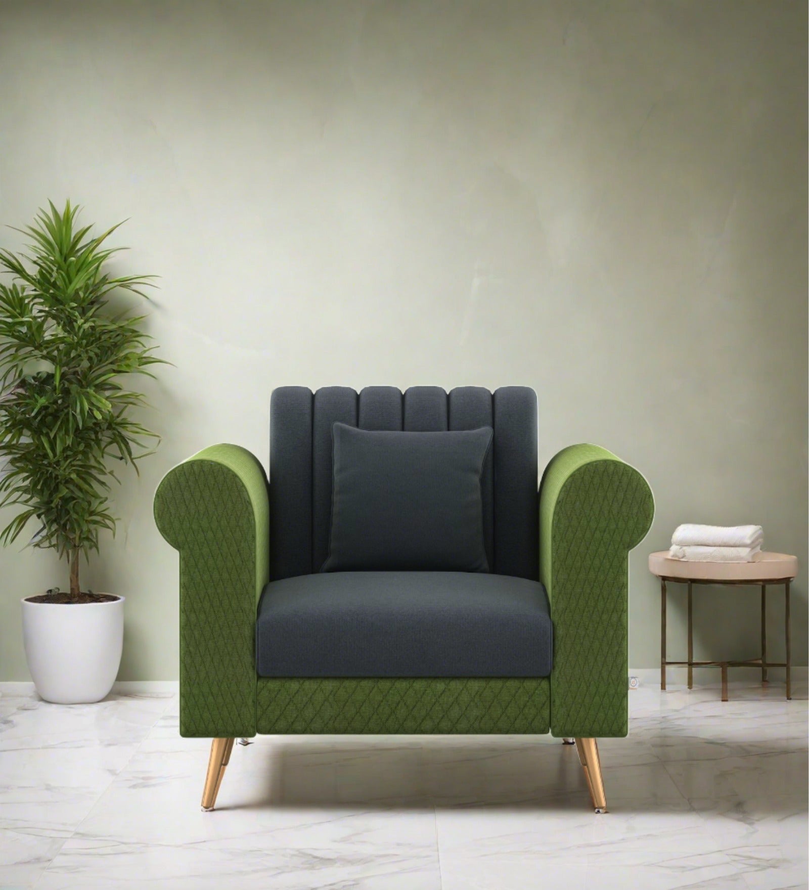 Cori Fabric 1 Seater Sofa In Olive Green and Charcoal Grey Colour