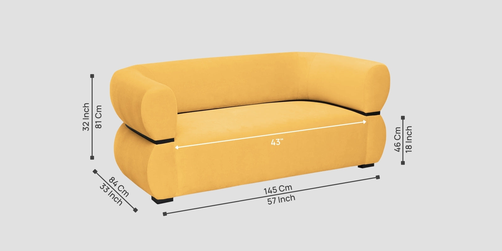 Kula Velvet 2 Seater Sofa In Turmeric Yellow Colour