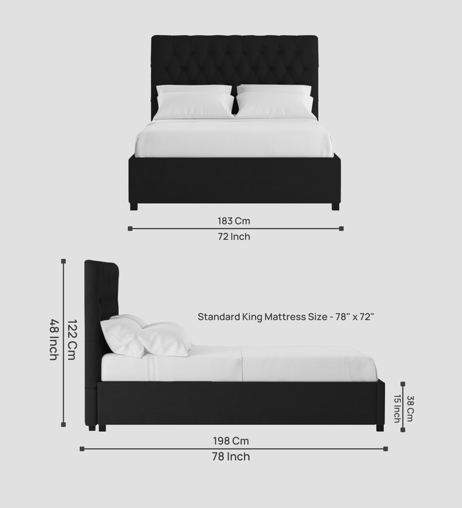 Isko Fabric Upholstered King Size Bed In Zed Black Colour With Box Storage - Febonic Living