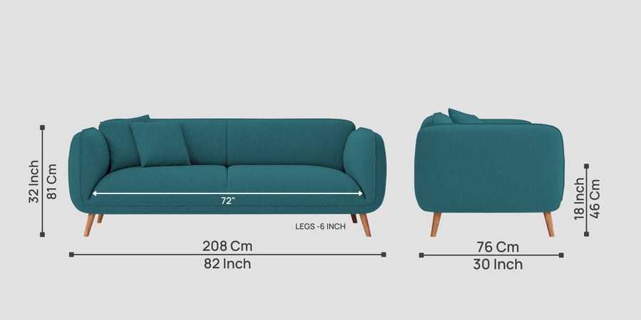 Zia Fabric 3 Seater Sofa In Water Blue Colour - Febonic Living