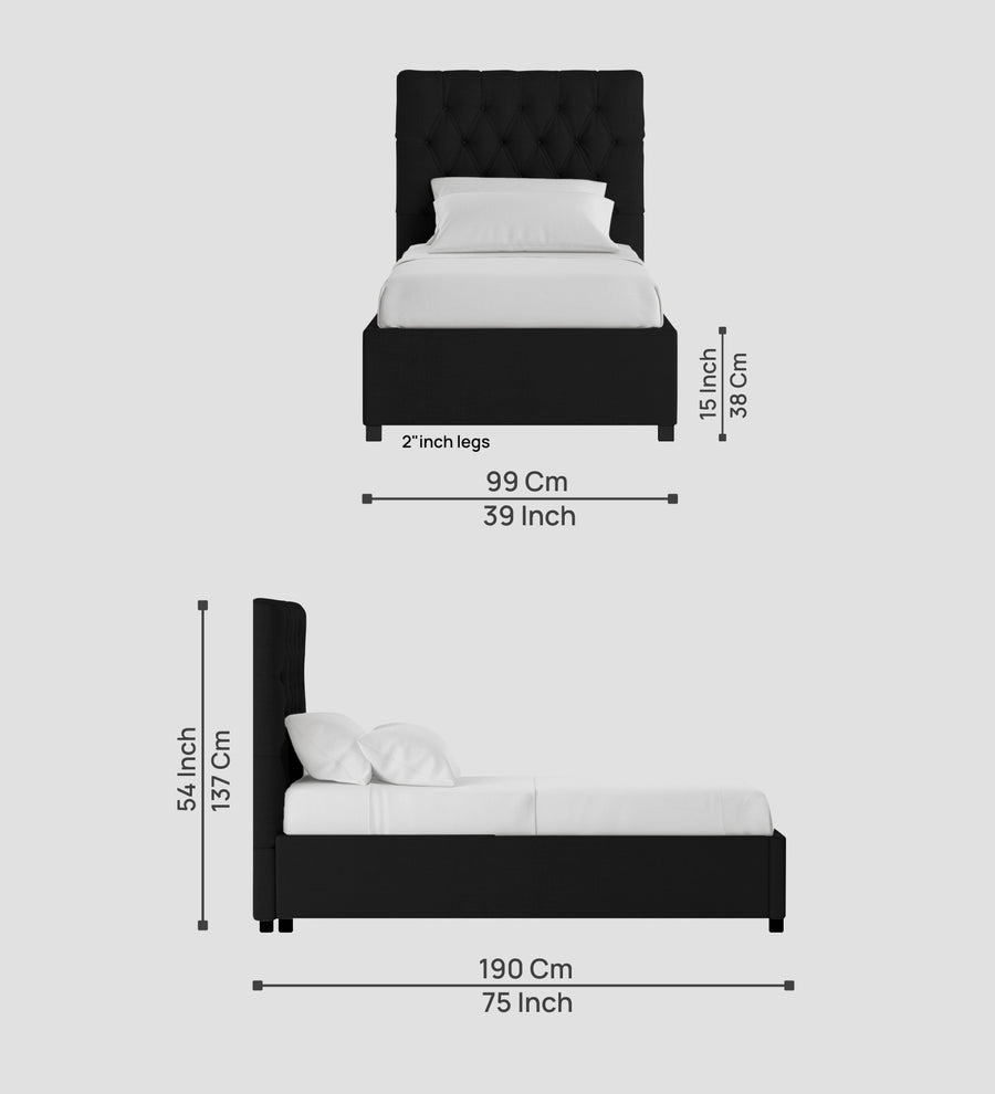 Isko Fabric Upholstered Single Size Bed In Zed Black Colour With Box Storage - Febonic Living