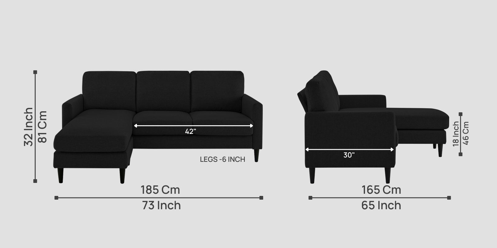 Romie Fabric RHS Sectional Sofa (2+Lounger) In Zed Black Colour - Febonic Living