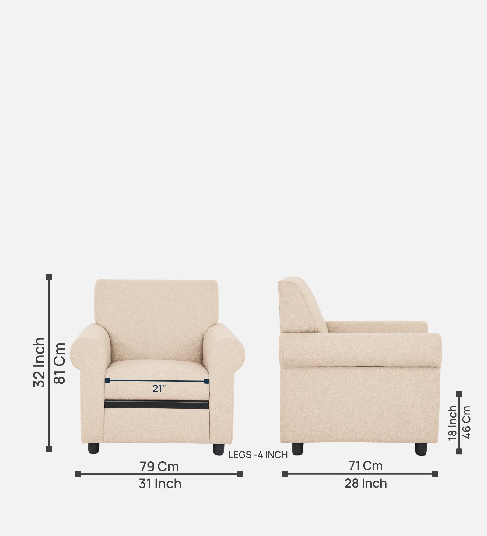 Ribby Fabric 1 Seater Sofa in Woom Beige Colour