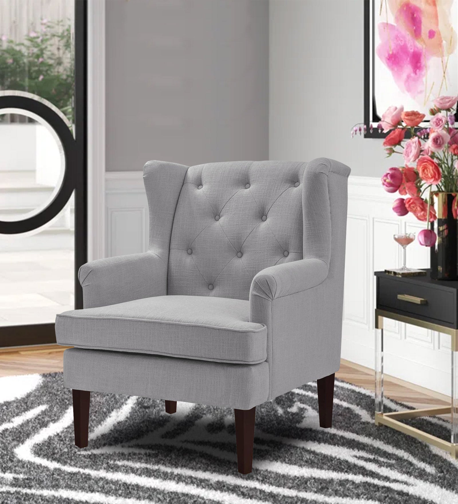 Deyuk Fabric Wing Chair In Lit Grey Colour