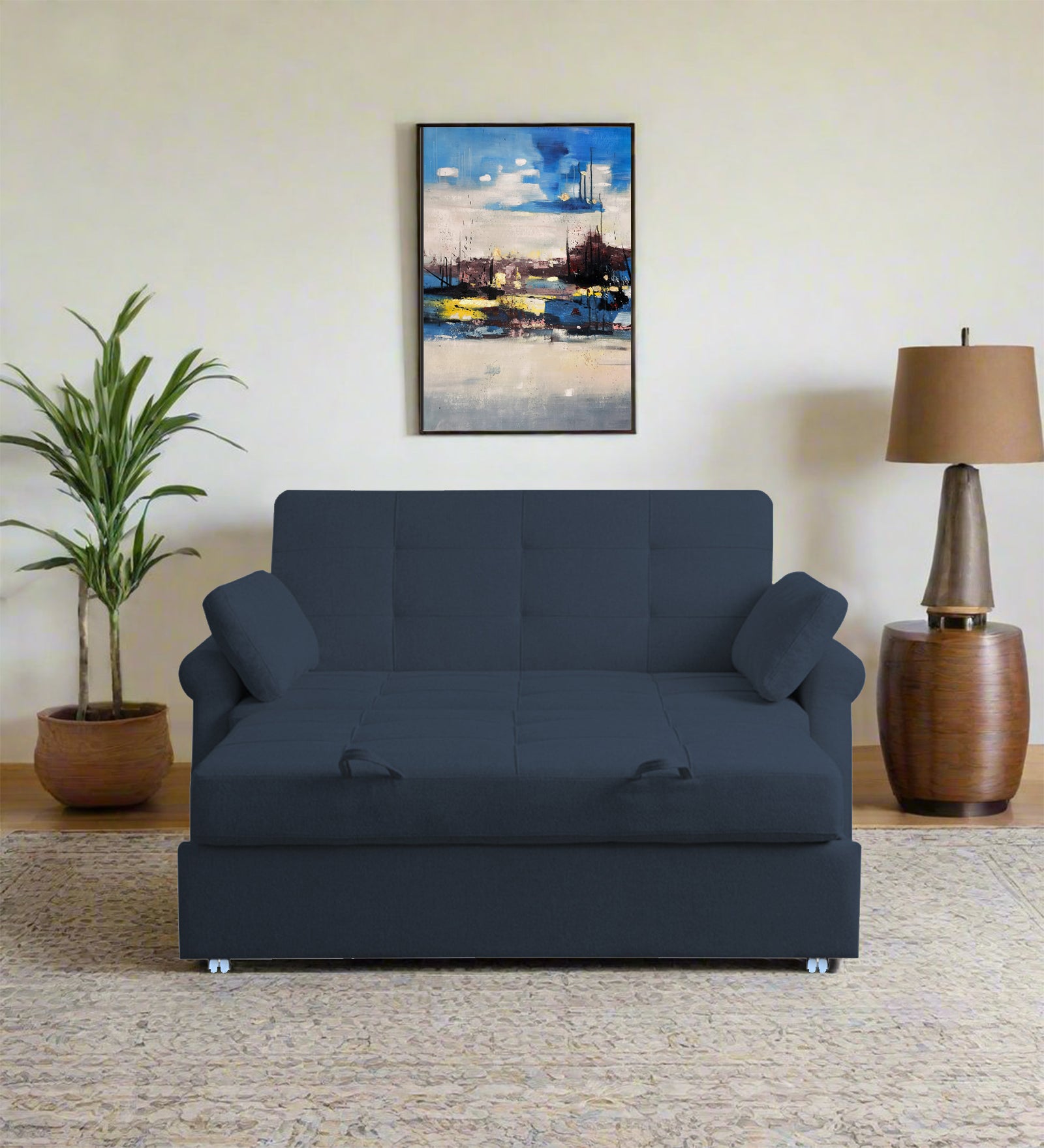 Fornia Fabric 2 Seater Pull Out Sofa Cum Bed In Denim Blue Colour