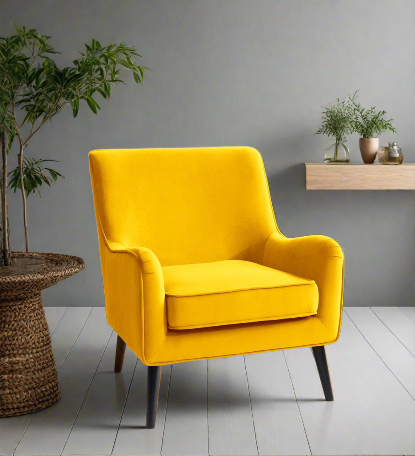 Ame Velvet Upholstered Wingback Chair in Turmeric Yellow Colour