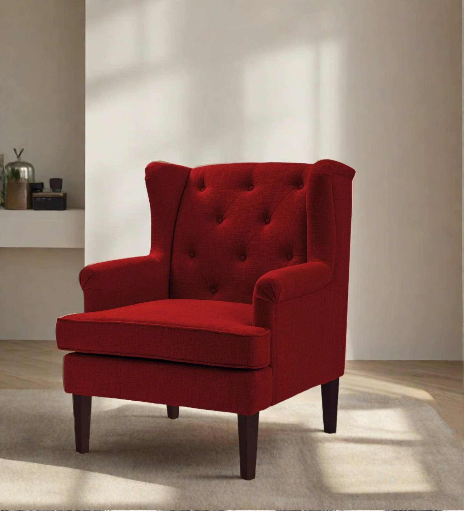 Deyuk Fabric Wing Chair In Blood Maroon Colour