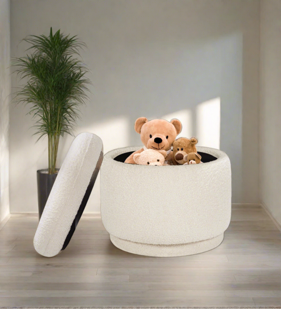 Noki Boucle Fabric Ottoman In Bright White Colour With Storage - Febonic Living