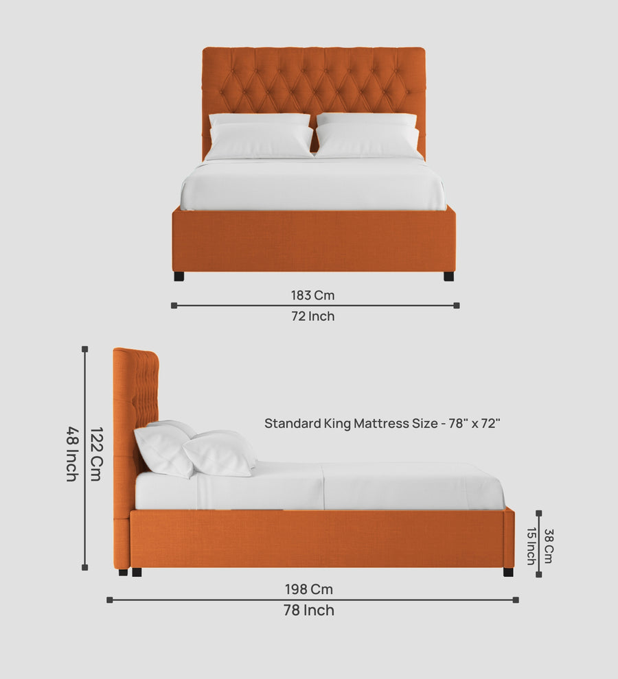 Isko Fabric Upholstered King Size Bed In Vivid Orange Colour With Box Storage - Febonic Living