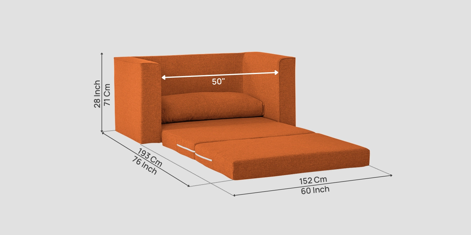 Kenia Fabric 2 Seater Foldable Sofa Cum Bed In Vivid Orange Colour - Febonic Living