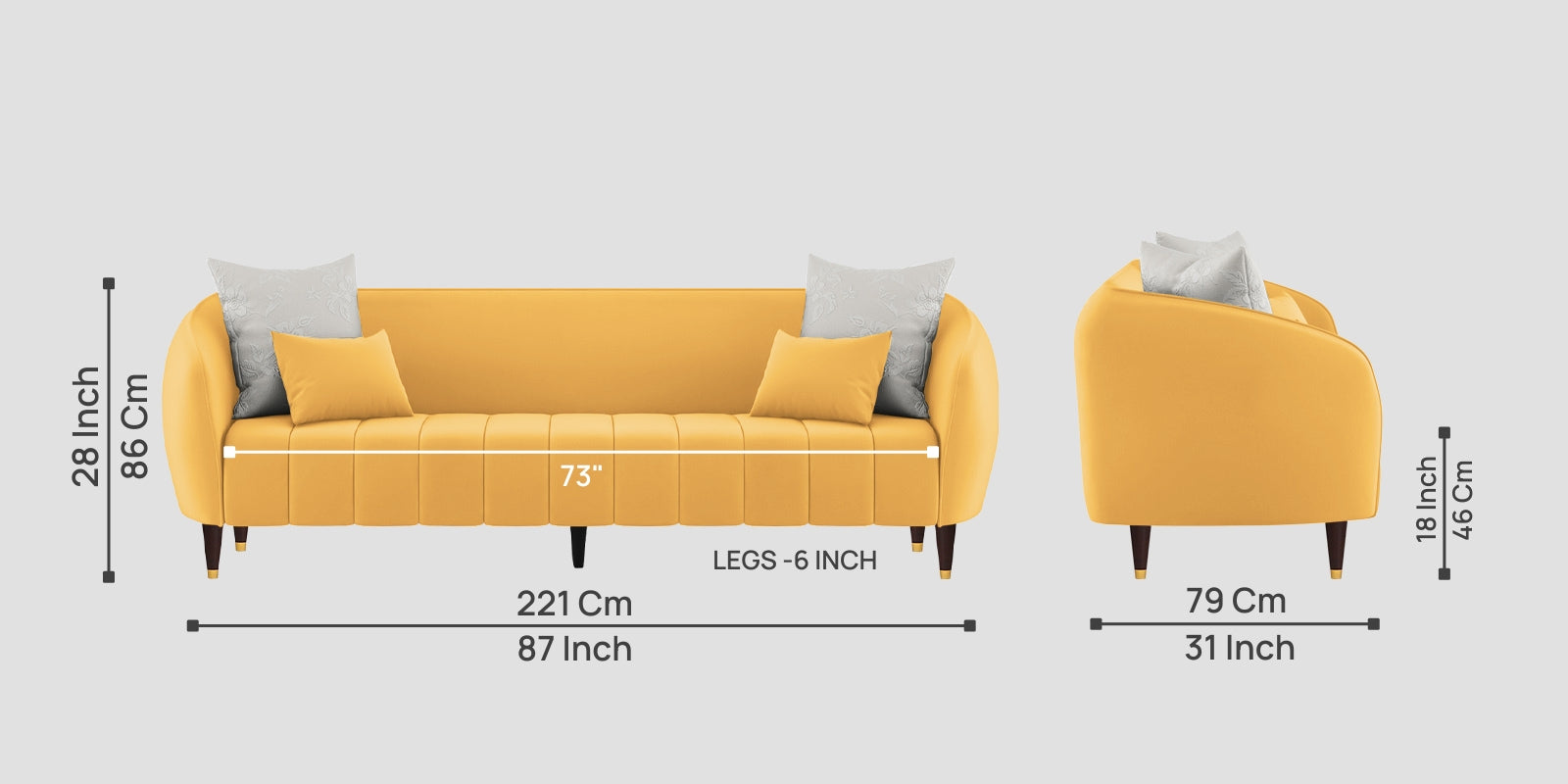 Hairo Velvet 3 Seater Sofa In Turmeric Yellow Colour