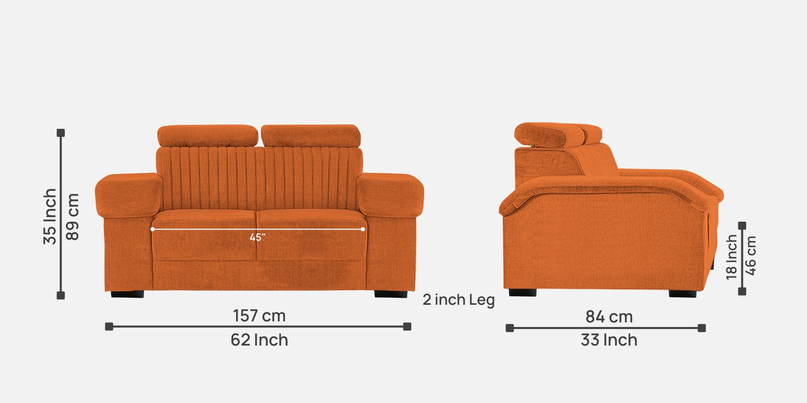 Draco Fabric 2 Seater Sofa In Vivid Orange Colour