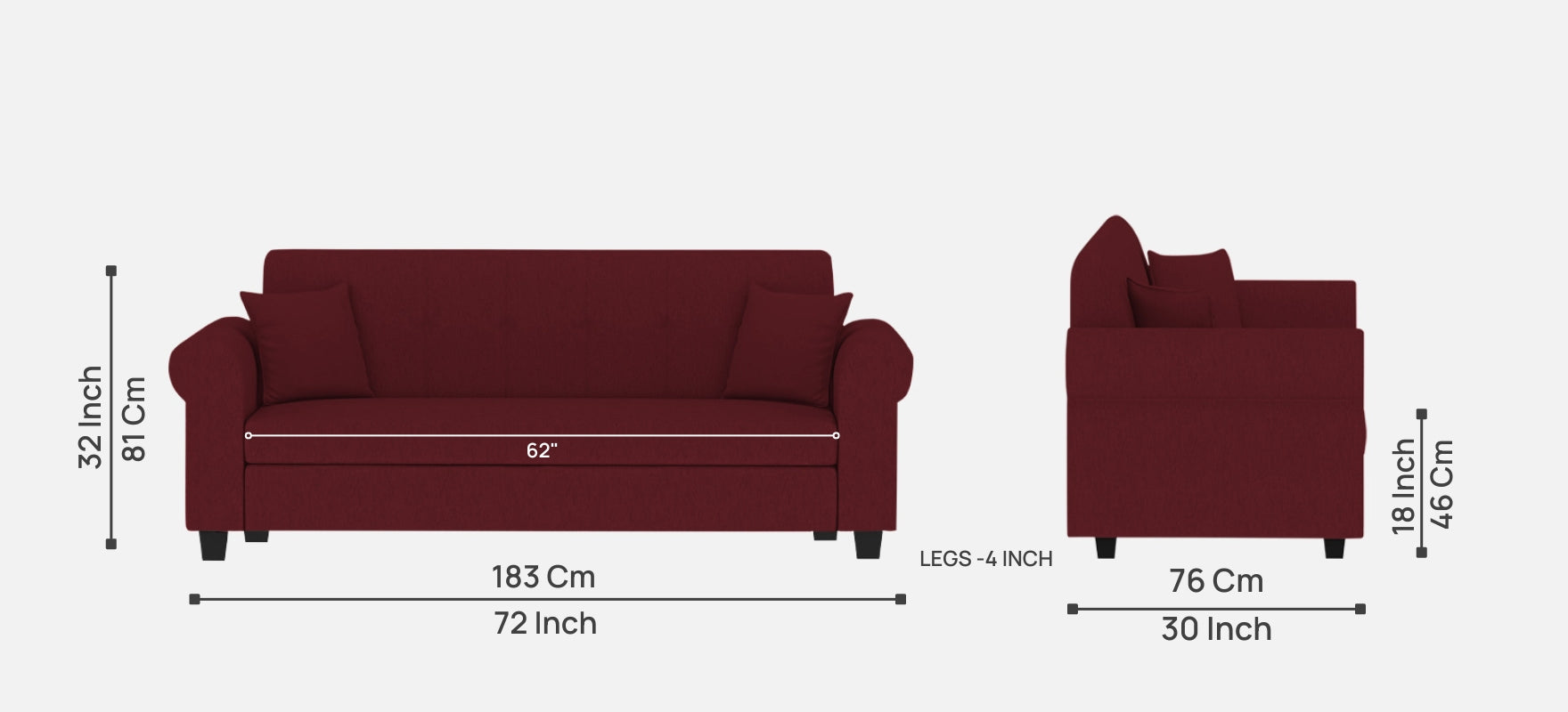 Derado Fabric 3 Seater Sofa in Blood Maroon Colour