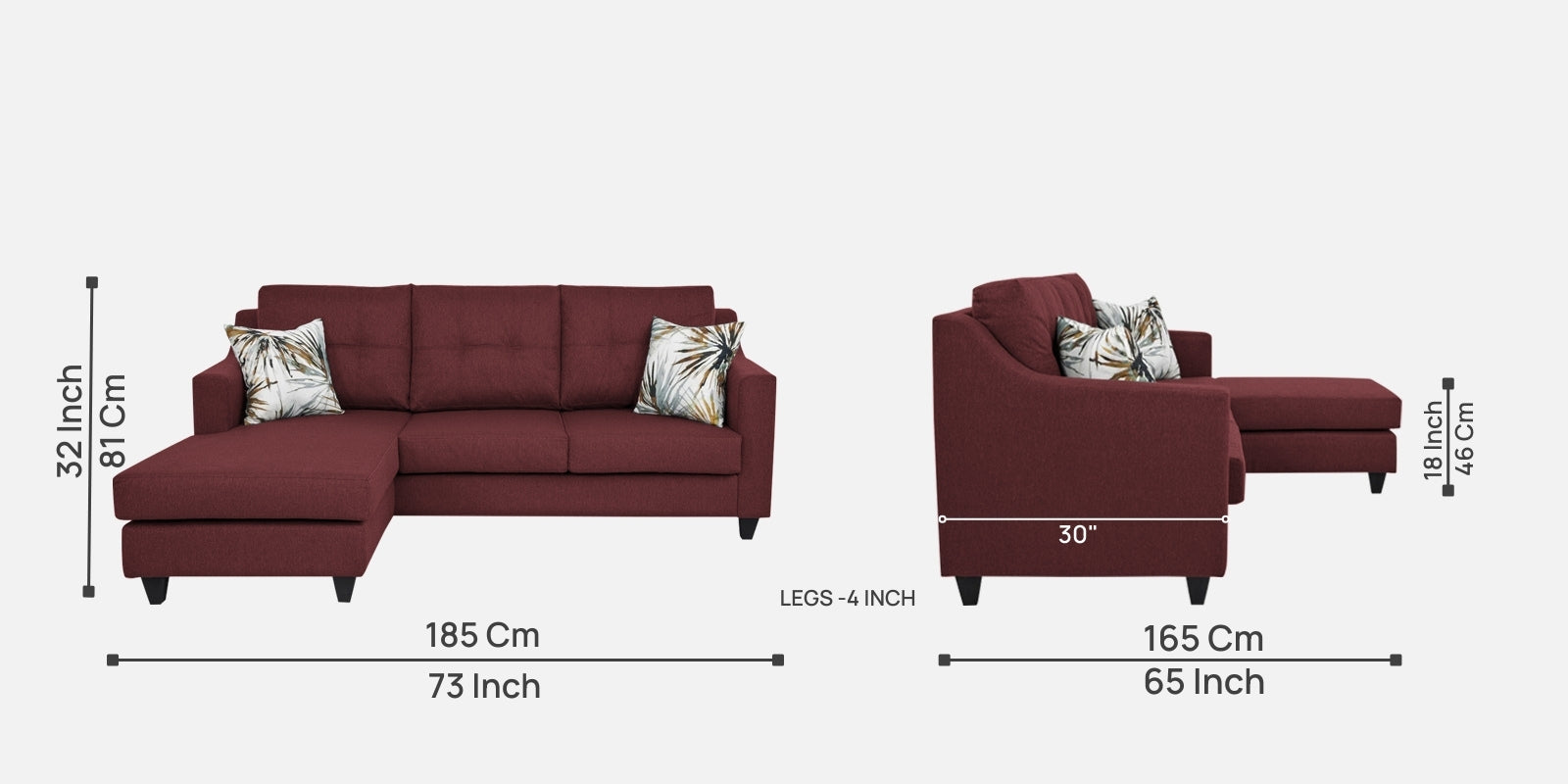 Welly Fabric RHS Sectional Sofa (2+Lounger) In Blaze Red Colour